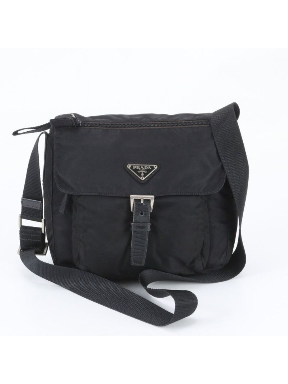 Prada Tessuto Nylon Triangle Logo Leather Shoulder Bag Crossbody Black